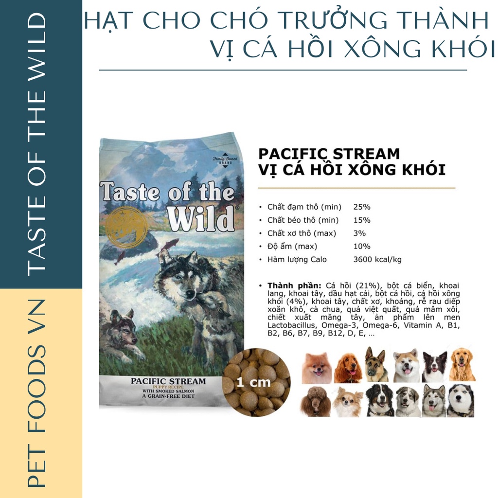 Hạt cho chó TASTE OF THE WILD Pacific Stream 500g vị Cá Hồi Xông Khói