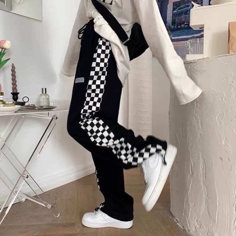 Quần jogger unisex ống suông phối viền caro kẻ sọc phong cách hàn quốc