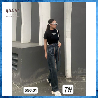 Quần jeans nữ, quần bò dài dáng suông lưng cao túi chéo mài nhẹ kèm đai dây S556.01