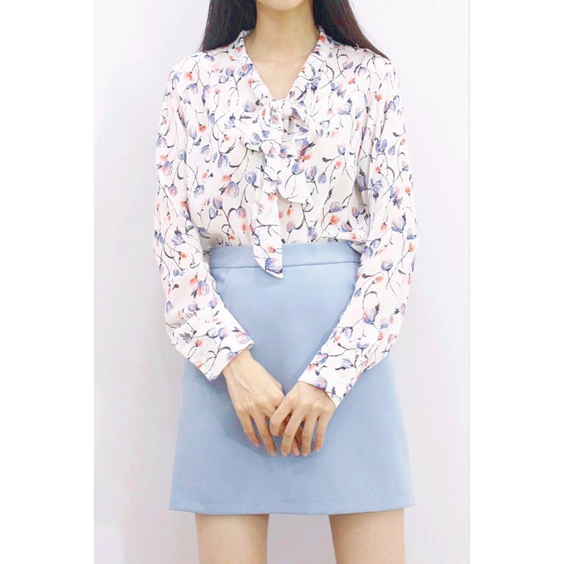 [Mã FATHANG5 giảm 10K đơn 50K] [Hình thật tự chụp] Sơ mi tay dài cổ nơ họa tiết Meow Boutique