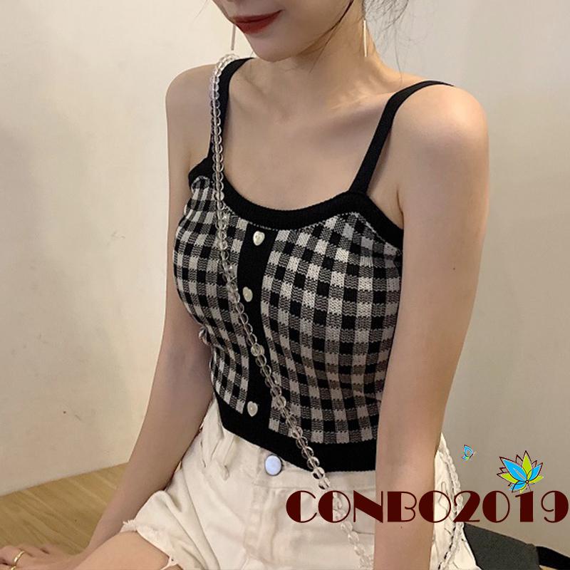 Áo Croptop Dệt Kim Hai Dây Cài Nút Trước Kẻ Sọc Caro Thời Trang Cho Nữ