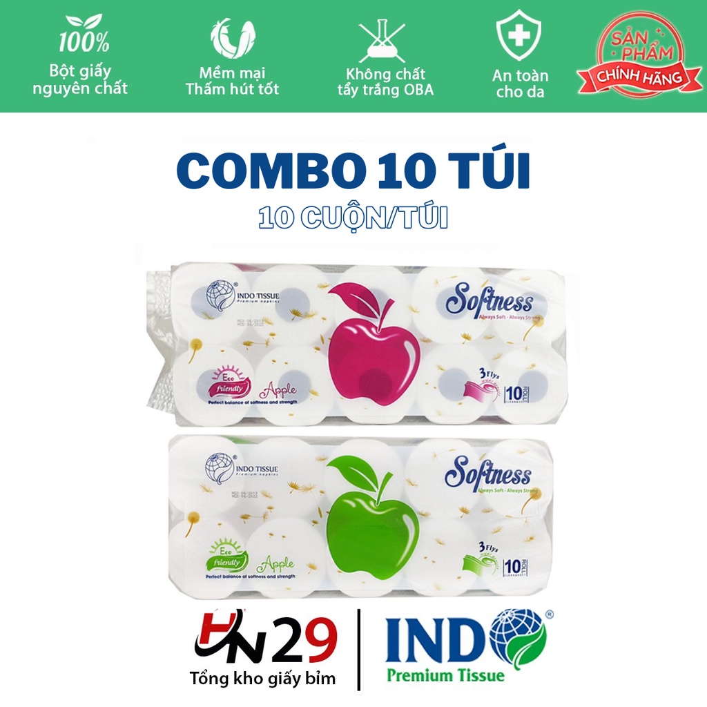 Bịch 10 túi Giấy vệ sinh táo INDO 10 cuộn x 3 lớp - Giấy cuộn có lõi và không lõi mềm mịn dai chính hãng
