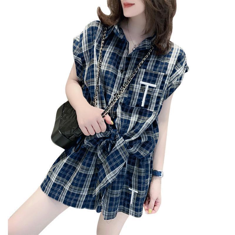 Set áo quần short sơ mi kẻ sọc caro trẻ trung thời trang mùa hè châu Âu cho nữ giới mũm mĩm