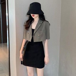 Set váy thun hai dây body + Áo blazer dáng ngắn