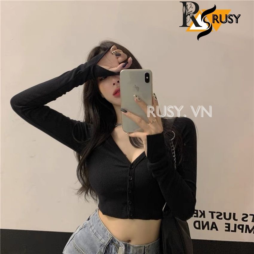 Áo Croptop tay dài nút cài chất thun gân dày dặn cao cấp basic cá tính crt trắng đen đơn giản