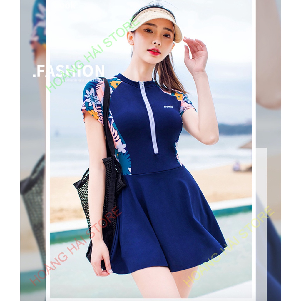 Bộ đồ bơi bikini nữ kín đáo đi tắm biển giấu bụng váy liền áo dài tay