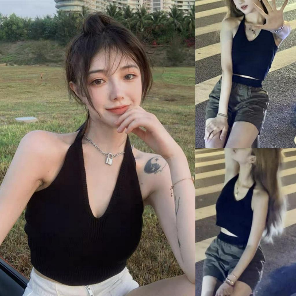 Áo Croptop Dệt Kim Sát Nách Cổ Chữ V Màu Trơn Thời Trang Cho Nữ