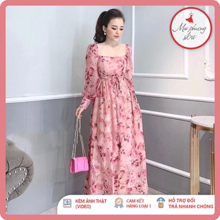 [Hàng cao cấp]Đầm voan hoa nhí dáng xòe cổ vuông dài tay sang chảnh cao cấp [Loại 1] có bán sỉ