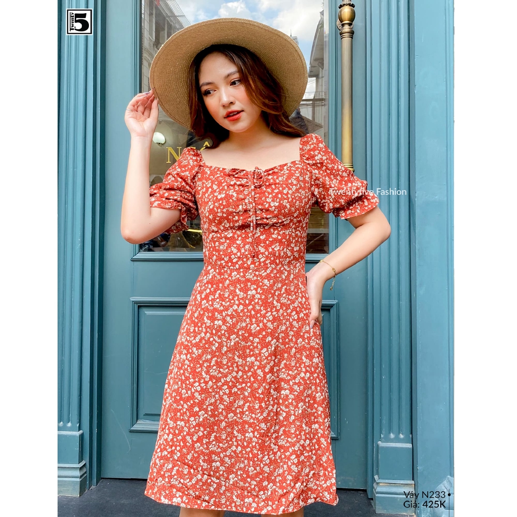 Đầm hoa nhí midi nhún ngực tay bồng bo chun 2 lớp Twentyfive N233