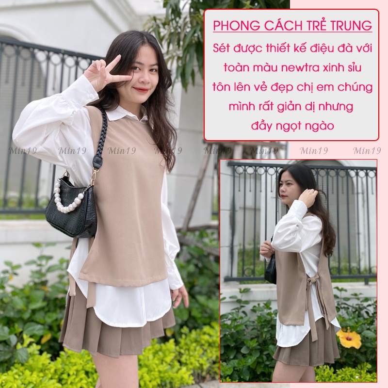 Sét Sơ Mi MIN19 Áo Sơ Mi Kiểu Hàn Quốc Dáng Dài Phối Gile Đen Freesize Tay Phồng  Form rộng Thời Trang