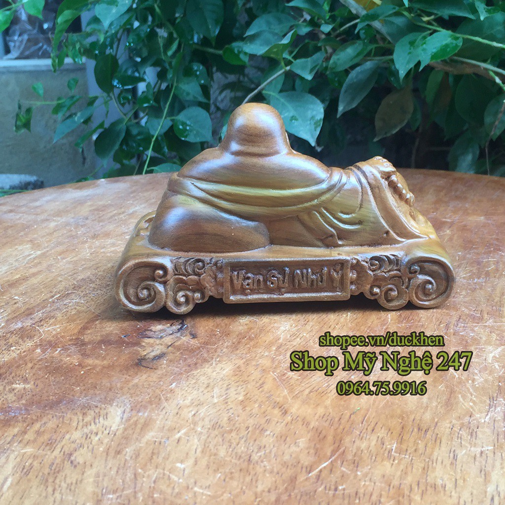 Tượng Phật Di Lặc Mini để ô tô, bàn làm việc Vạn Sự Như Ý gỗ bách xanh