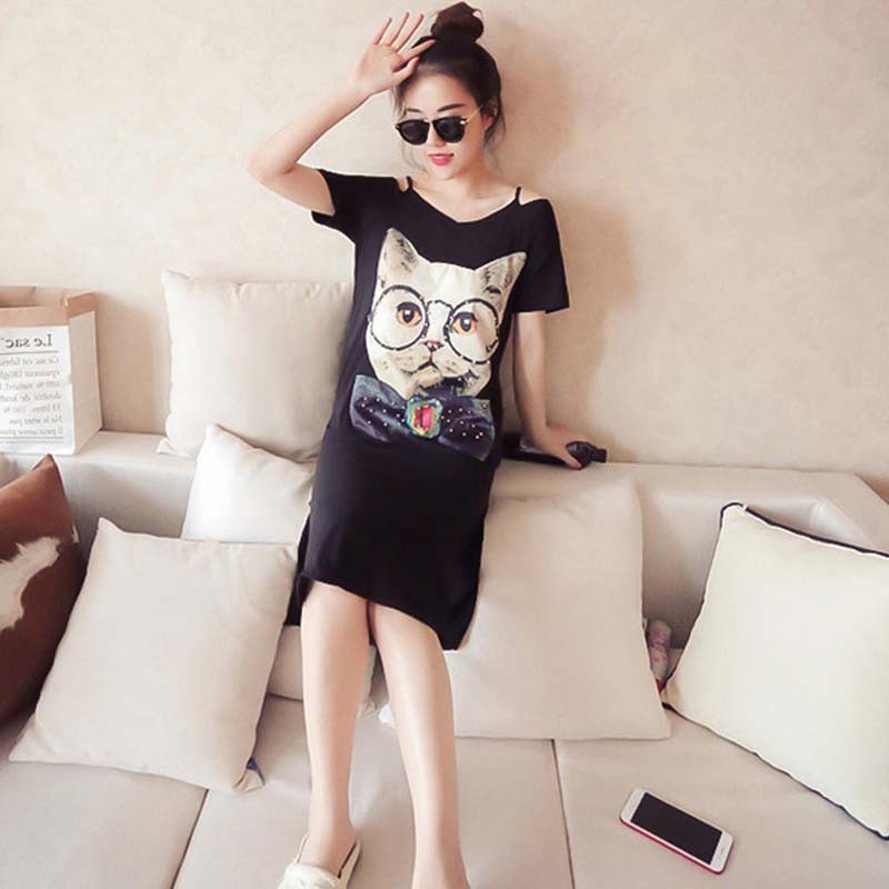 Đầm thun khoét vai họa tiết kẻ ngang in hình ngộ nghĩnh | BigBuy360 - bigbuy360.vn