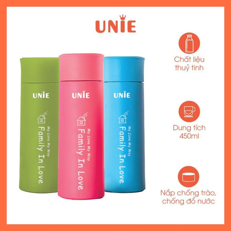 Bình đựng nước giữ nhiệt Unie UN100, bình thủy tinh bọc nhựa, dung tích 450ml - An toàn