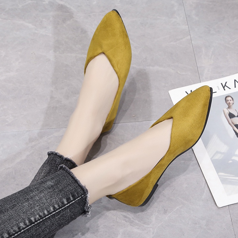 Giày búp bê đế bằng mũi nhọn màu trơn thời trang Hàn Quốc dành cho nữ