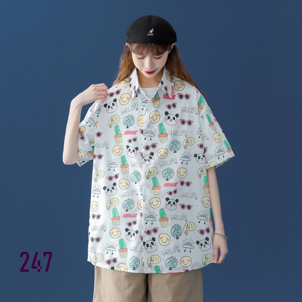 Áo Sơ Mi Nam Nữ Ngắn Tay Cổ Bẻ 247 In Họa Tiết Chú Gấu Mắt Kính Mặt Vui Chất Vải Thoáng Mát  Mẫu Siêu Cute - Hazo