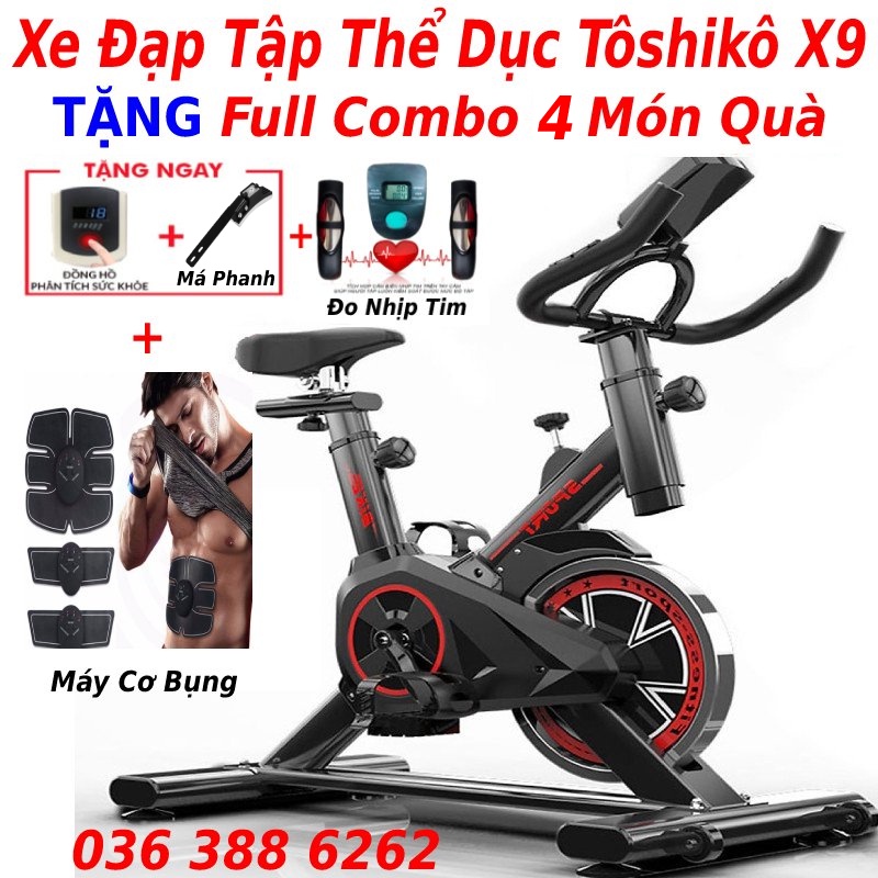 Máy đạp xe đạp tập thể dục thể thao tại nhà Tôshikô X9 tặng máy tạo cơ bụng EMS + cảm biến nhịp tim + đồng hồ