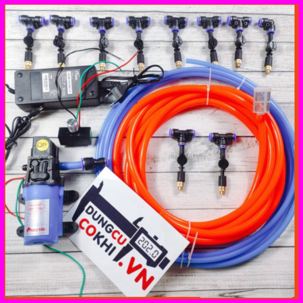 bộ máy bơm phun sương 12v, 5-10 béc 1 tia đồng, có chống nhỏ giọt/ 10-15m dây, đầy đủ phụ kiện, làm mát, tưới