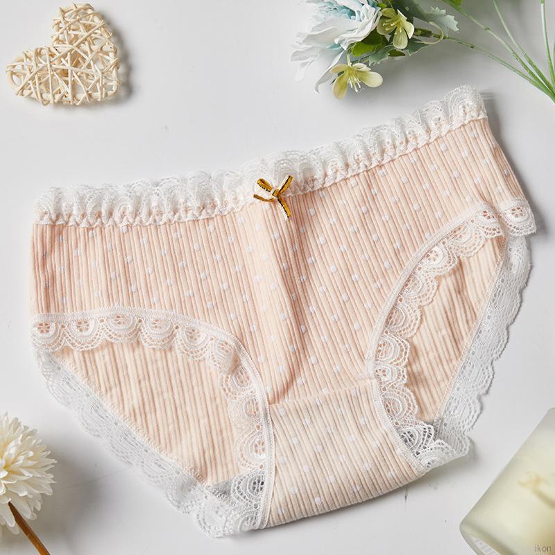 Quần Lót Cotton Lưng Vừa Phối Ren Họa Tiết Chấm Bi Phong Cách Nhật Bản Dễ Thương