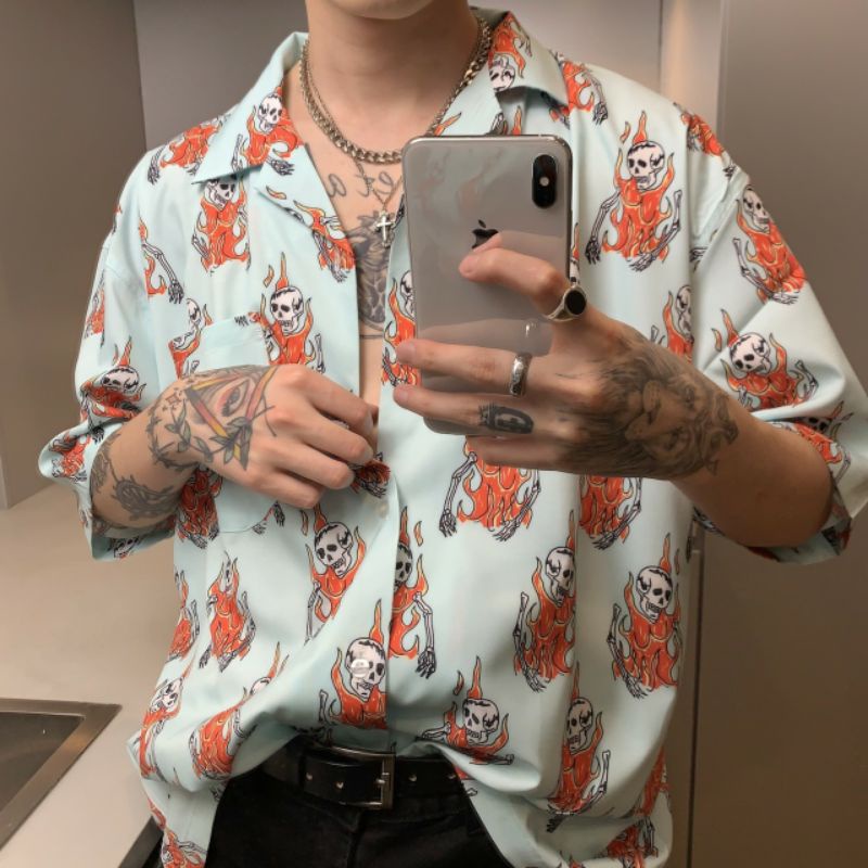 Áo Sơ Mi Tay Ngắn Unisex Cổ Bẻ Phong Cách Hàn Quốc Freesize