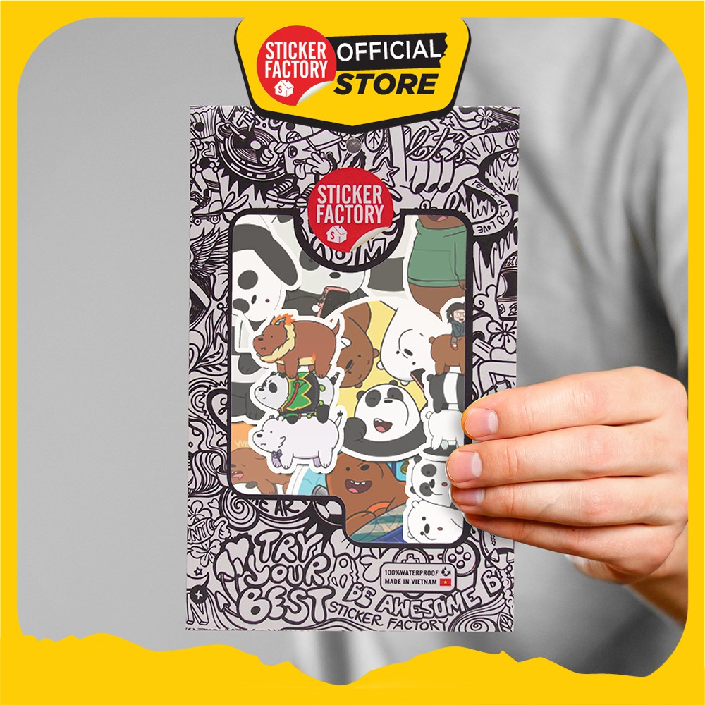 Hộp set 30 sticker hình dán dễ thương, trang trí nón bảo hiểm , laptop, xe máy, ô tô STICKER FACTORY - We Bare Bears