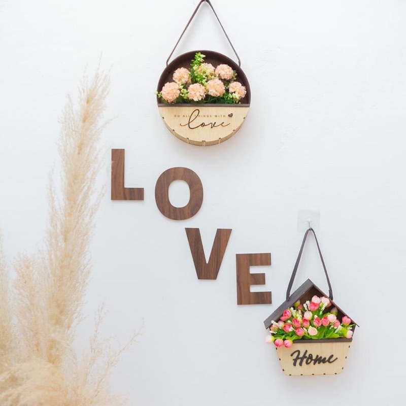 Giỏ hoa gỗ kèm hoa treo tường decor gia đình nhà cửa, cửa hàng và làm quà tặng