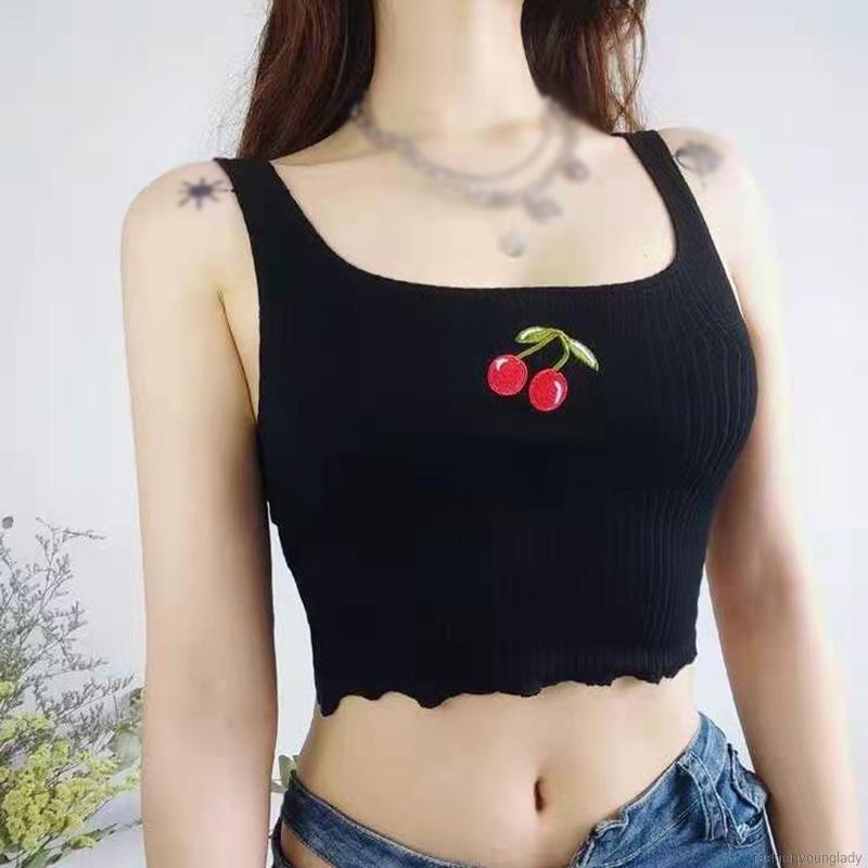 Áo Tank Top Dệt Kim Không Tay Thêu Hình Quả Cherry Thời Trang Mùa Hè Quyến Rũ Cho Nữ