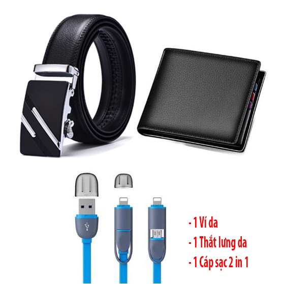 Bộ 3 Thắt lưng da nam GVX CAO CẤP - Ví da nam thời trang - Cáp sạc nhanh 2 đầu sạc cho cả iphone vs androi