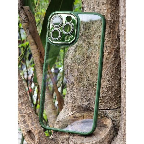 (iPhone 13)_Ốp lưng kính trong viền màu bảo vệ camera gắn đá nhũ cho iPhone 13,13 pro,13 pro max chính hãng Miruyi