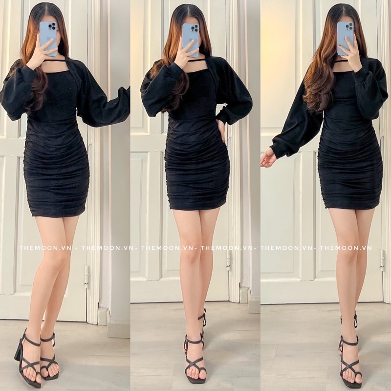 Đầm body nhún dáng ngắn mini váy ôm có sẵn mút ngực kèm áo khoác croptop tay phồng