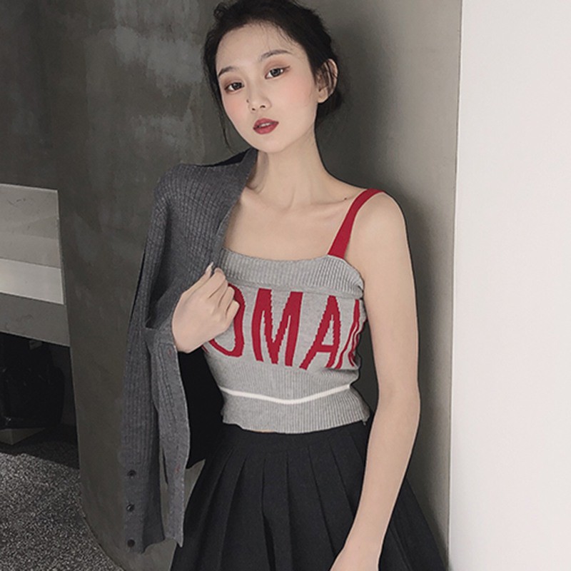 Áo dệt kim sát nách hoạ tiết chữ thiết kế gợi cảm cho nữ