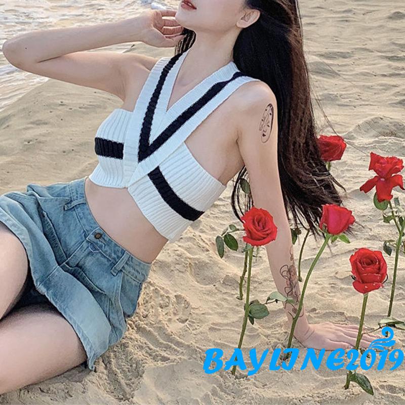 Áo Croptop Dệt Kim Sát Nách Cổ Chữ V Màu Sắc Tương Phản Thời Trang Mùa Hè Cho Nữ