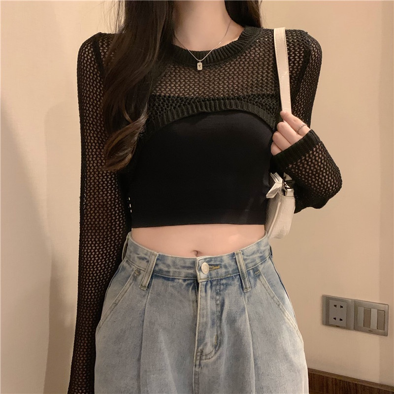 Áo Khoác Len Lửng tay dài THOYEUFASHION,  Áo len dệt kim lỗ lưới kiểu dáng gợi cảm đi biển, đi chơi hotrend