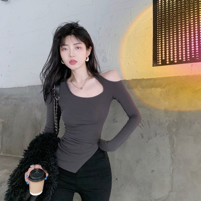 Áo thun COZOK tay dài trễ vai thiết kế lệch một bên quyến rũ hợp thời trang