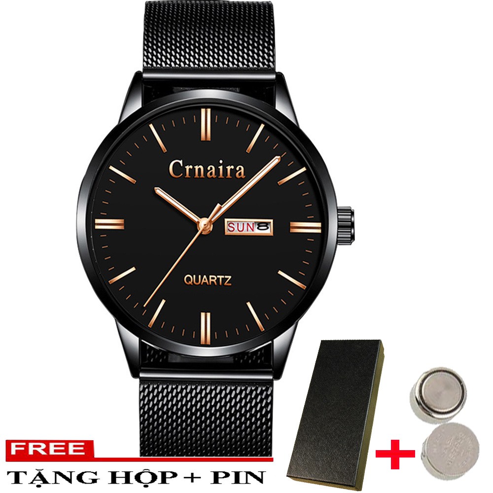 (FULL BOX) ĐỒng Hồ Nam 2 Lịch CRNAIRA JAPAN C3666 Dây Thép Mành Cao Cấp + Tặng Hộp Dẹp và Pin