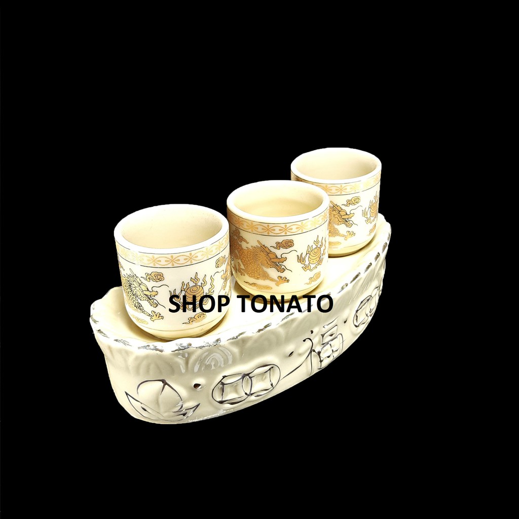 CHUNG BỘ 3 LY THỜ CÚNG RỒNG KEM LỬA CONG KEM CAO 7.5CM