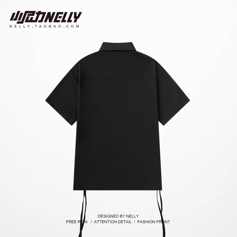 Có sẵn - Áo sơ mi Nelly đen trơn phối dây ở gấu áo Bigsize đến 90kg | BigBuy360 - bigbuy360.vn