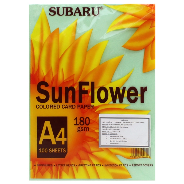 Bìa Giấy Màu Sunflower A4 ĐL180 - Màu Xanh Lá (100 Tờ)