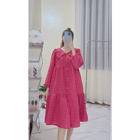 Đầm Babydoll tay dài hoạ tiết kẻ ô mặc thu đông siêu xinh