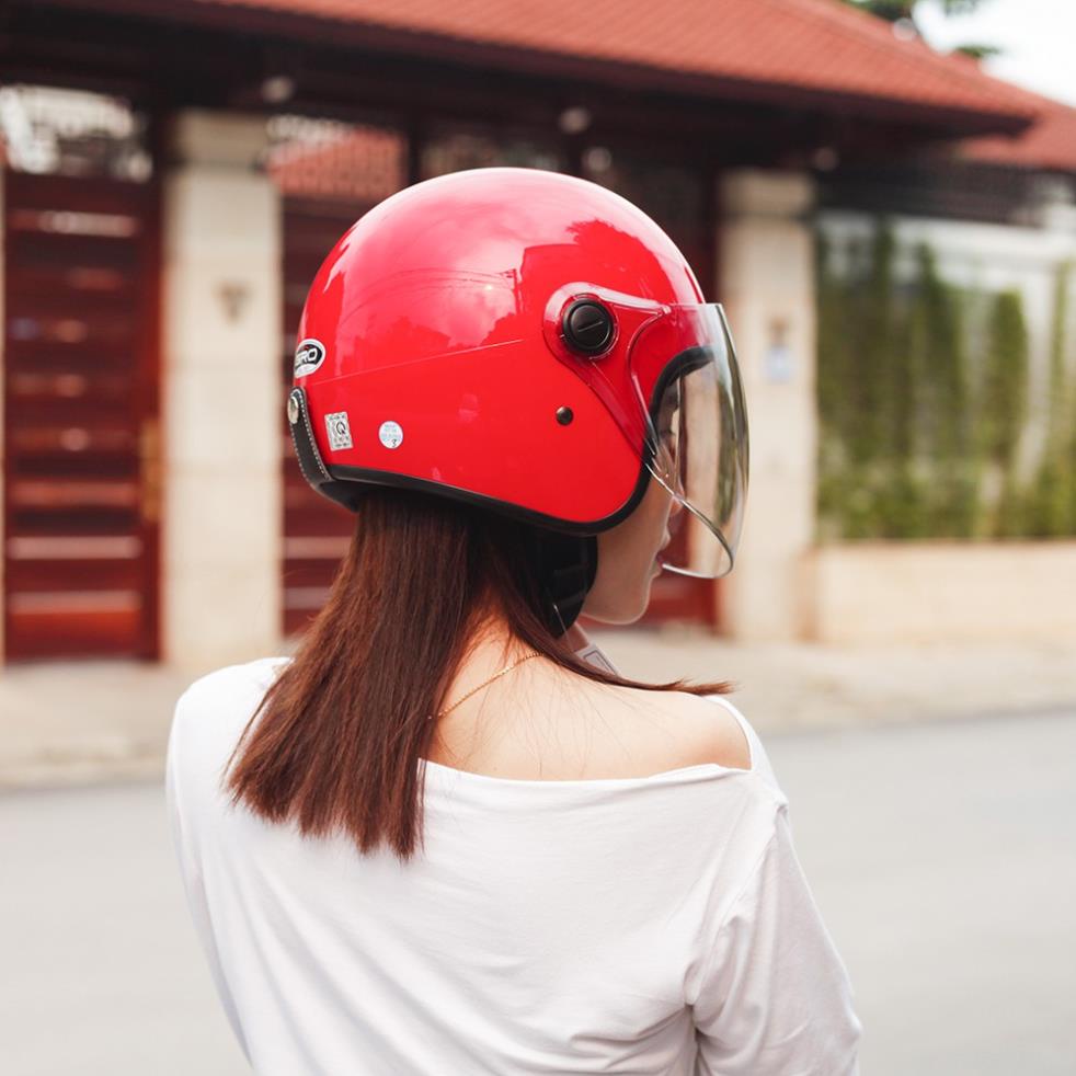 Mũ Bảo Hiểm 3/4 đầu GRO Helmet T818 có kính dài che cả mặt, kiểu dáng thời trang cho nữ, khóa kim loại - Đỏ Tươi