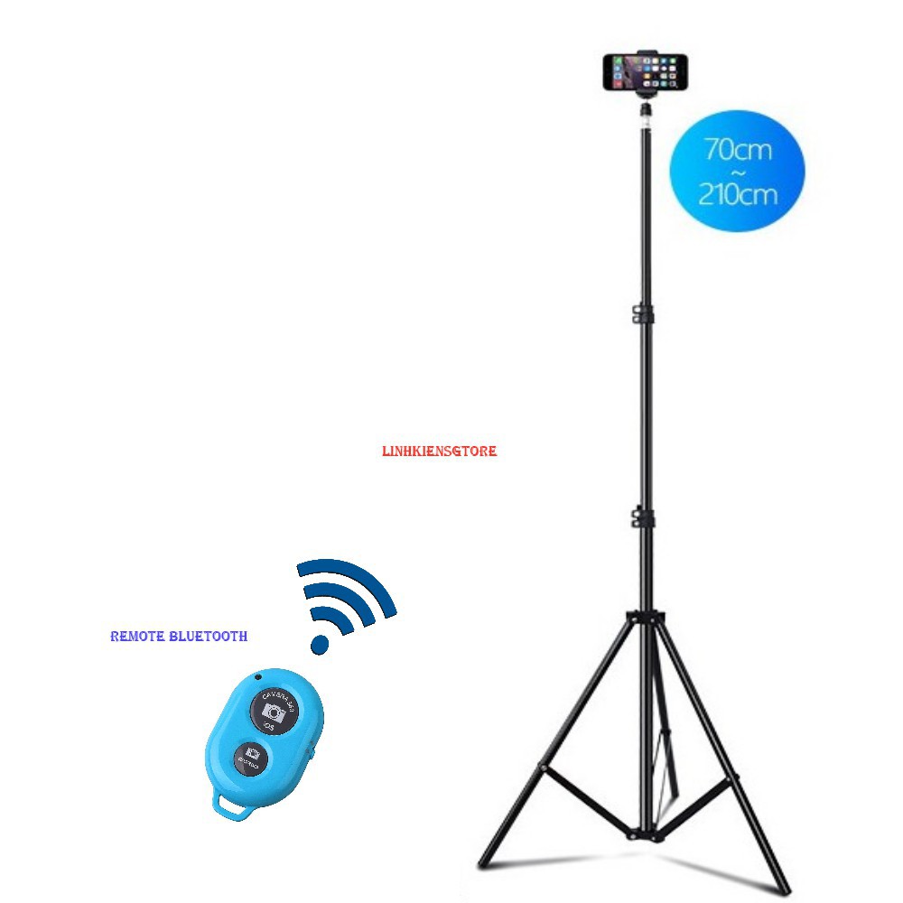 Chân điện thoại livestream cao 1m6 , 2m1  có bi cầu + kẹp + remote chụp hình