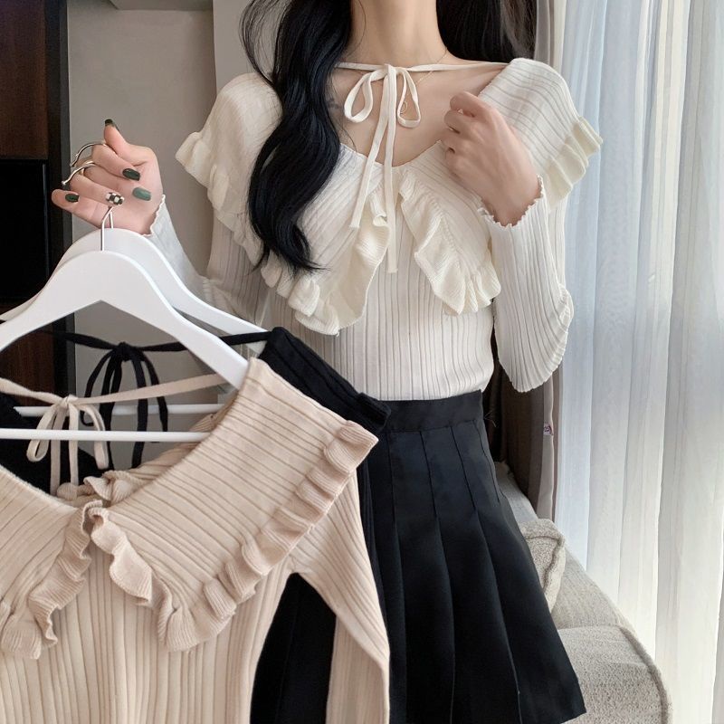 Áo sweater Pure Cube tay dài cổ chữ V thiết kế thắt dây mỏng thời trang thu đông mới cho nữ