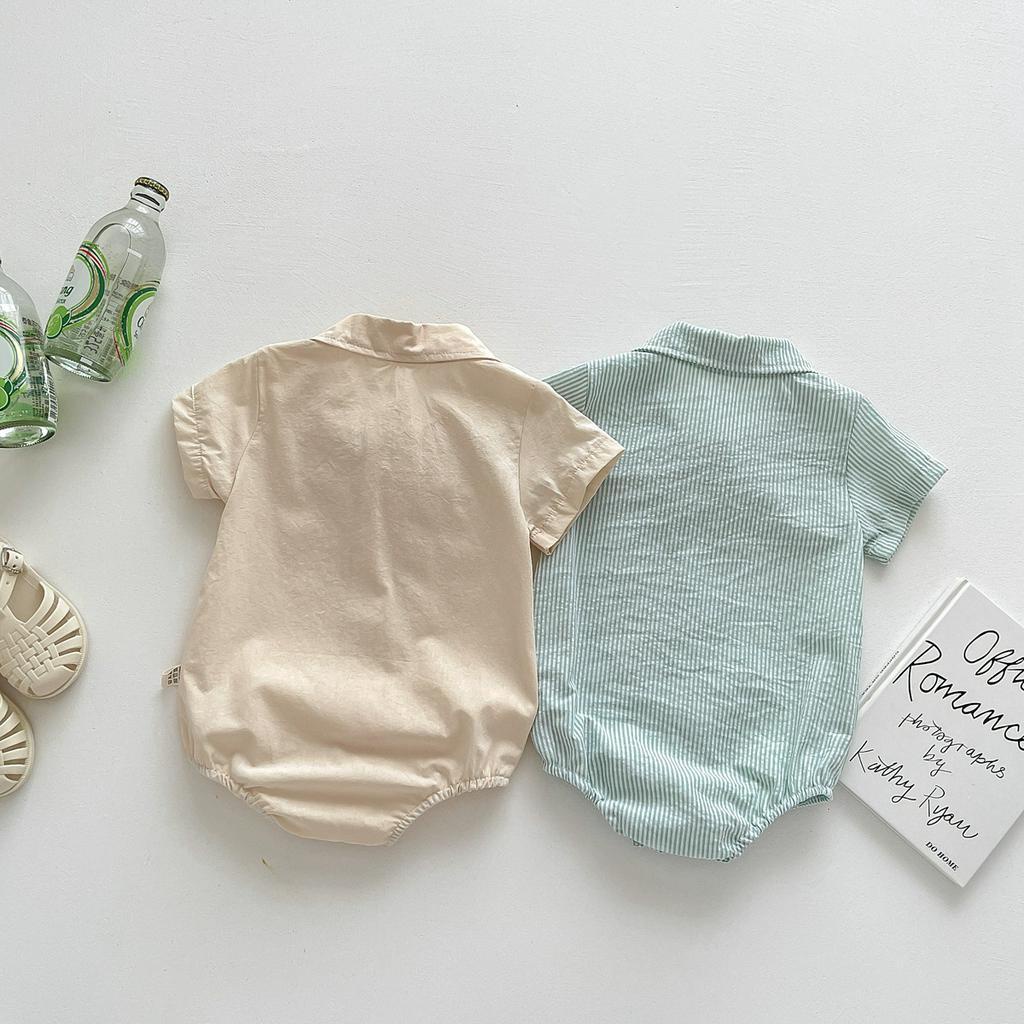 Bộ Áo Liền Quần Ngắn Tay Họa Tiết Kẻ Sọc Phong Cách Hàn Quốc Thời Trang Mùa Hè Cho Bé Trai