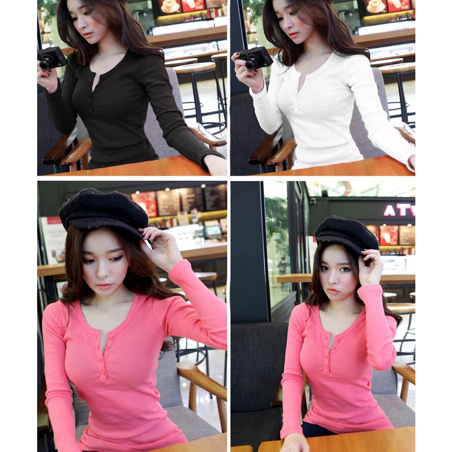 Áo Thun Tay Dài Phối Nút Màu Trơn Cho Nữ