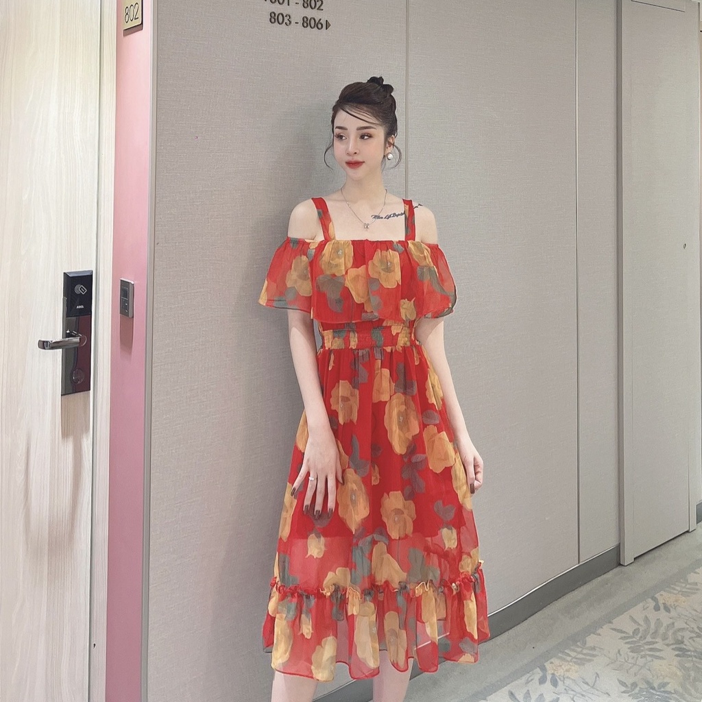 Đầm maxi 2 dây trễ vai MINA thiết kế chất liệu voan tằm 2 lớp mặc nhẹ mền,mát