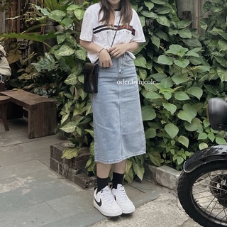Chân váy jeans chữ a dáng dài kèm ảnh thật