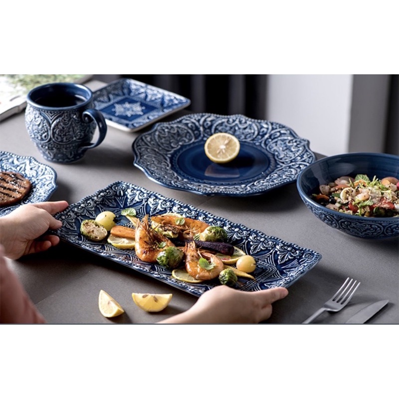 Set bát đĩa xanh dương kiểu dáng cổ điển