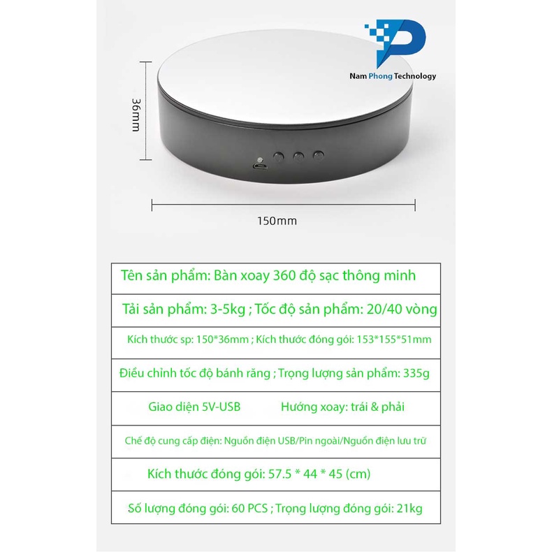 ĐẾ XOAY TỰ ĐỘNG 360 ĐỘ ĐƯỜNG KÍNH 15CM CHỊU LỰC 5KG - HỖ TRỢ CHỤP ẢNH SẢN PHẨM - SẠC USB - BH 1 THÁNG