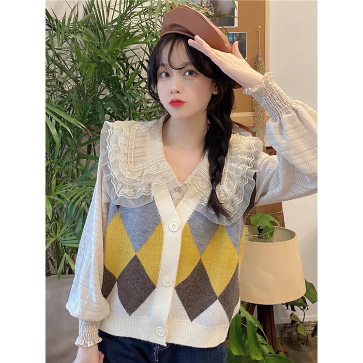 Áo len gile áo len nữ cổ V họa tiết caro phong cách Hàn Quốc chuẩn Hàng Quảng Châu dày dặn loại 1 | BigBuy360 - bigbuy360.vn