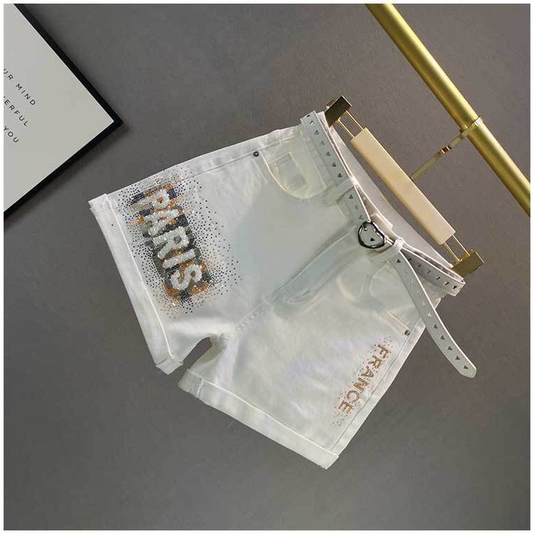 Quần ngắn jean ống rộng eo cao màu trắng mỏng họa tiết chữ cái 2021 dành cho nữ