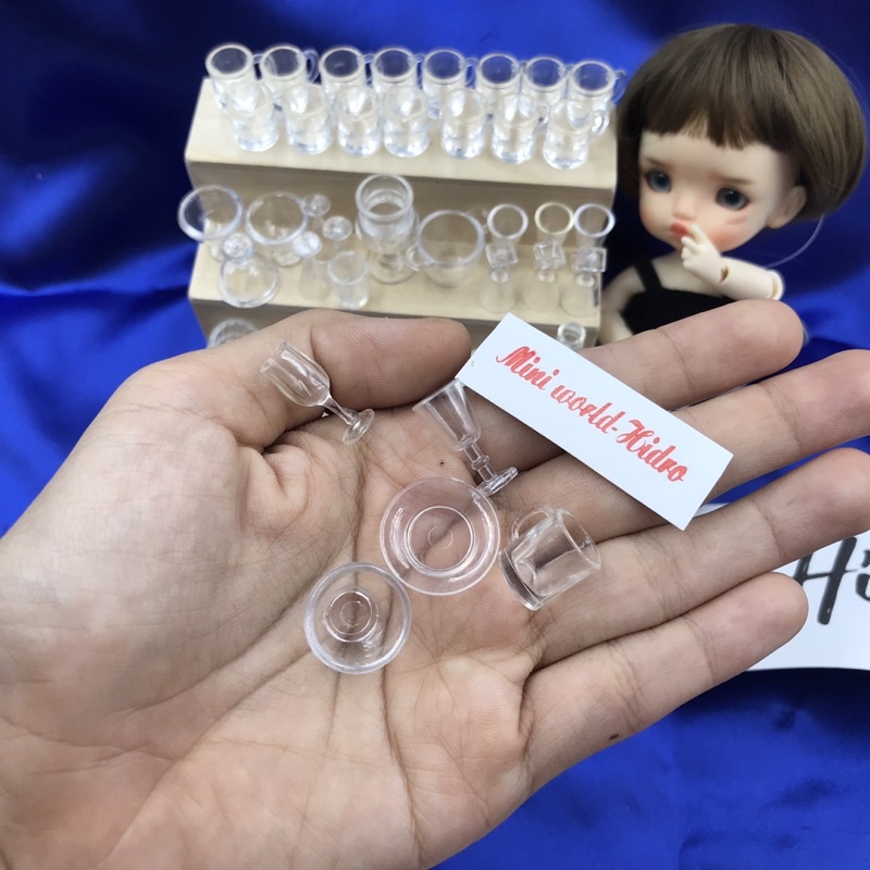 Combo mô hình ly tách chén dĩa trong suốt mini dùng cho trang trí nhà búp bê BJD tỉ lệ 1/8, 1/12. Dollhouse, miniature